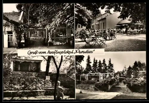 AK Bernburg /Saale, Gasthaus Paradies, Inh. M. Müller, Märchengarten mit 1000 Sitzplätzen