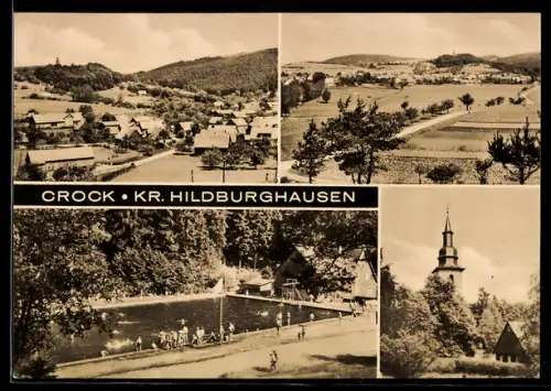 AK Crock /Hildburghausen, Dorfpanorama, Freibad, Kirche