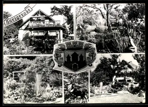 AK Harzgerode, Gasthaus mit Gartenanlage, Wappen