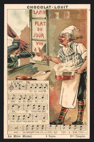 Sammelbild Chocolat Louit, La Mere Michel, Koch mit dampfendem Topf