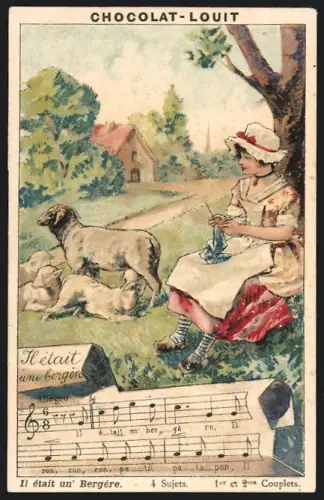Sammelbild Chocolat Louit, Il etait un Bergere, Dame auf der Weide mit Schafen