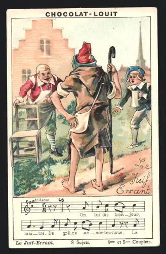 Sammelbild Chocolat Louit, Le Juif-Errant, Männer mit Stuhl am Wegesrand