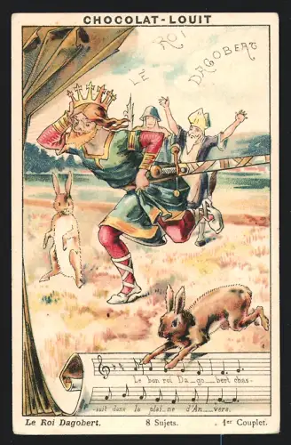 Sammelbild Chocolat Louit, Le Roi Dagobert, König rennt mit Hasen