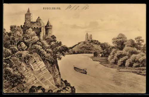 AK Rudelsburg, Totalansicht mit Fluss und Schiff