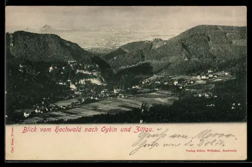 AK Oybin, Totalansicht mit Zittau vom Hochwald aus gesehen