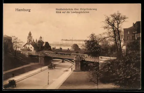 AK Hamburg-St.Pauli, Hochbahnbrücke über Helgoländerweg, Blick auf Landungsbrücken