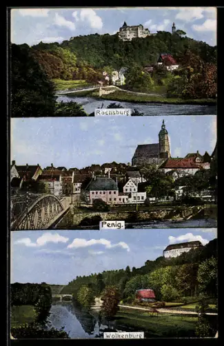 AK Penig, Rochsburg, Ort mit Brücke, Wolkenburg