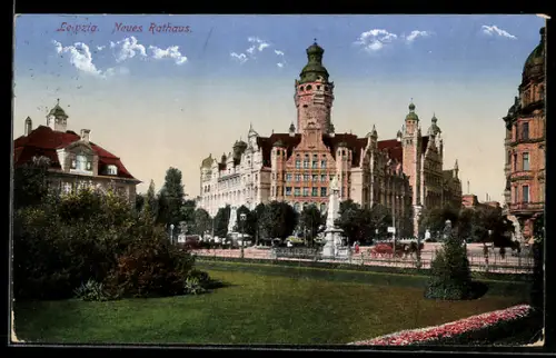 AK Leipzig, Neues Rathaus mit Denkmal