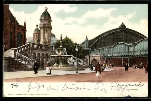 AK Köln, Bahnhof und Drügge Pitter, Springbrunnen