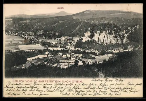 AK Oybin, Blick vom Scharfenstein mit Lausche