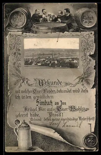 AK Simbach am Inn, Panorama mit Kirche, Urkunde aus dem Gasthaus