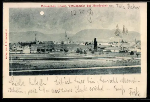 AK Edenkoben /Pfalz, Totalansicht mit Kirche bei Mondschein