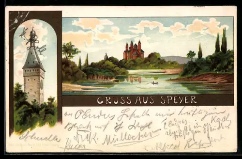 Lithographie Speyer, Uferpartie mit Schloss, Turm