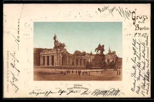 Lithographie Berlin, Denkmal Kaiser Wilhelm d. Grossen