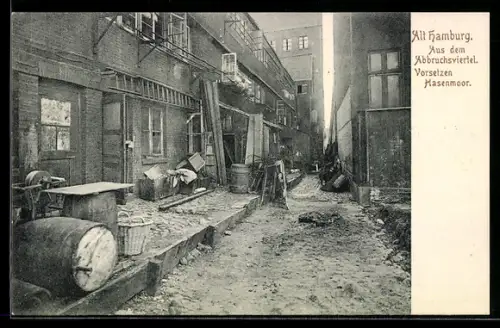 AK Hamburg, Alt-Hamburg, Abbruchviertel, Vorsetzen, Hasenmoor, Fässer, Schleifstein