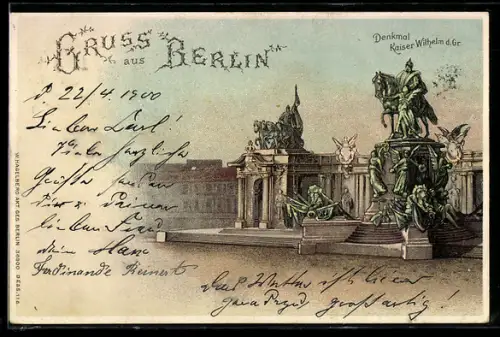 Lithographie Berlin, Denkmal Kaiser Wilhelm des Grossen