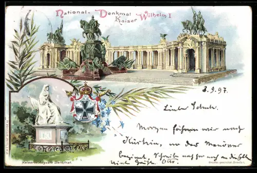 Lithographie Berlin, National-Denkmal Kaiser Wilhelm I. Kaiserin Auguste Denkmal