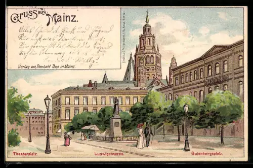 Künstler-AK Mainz, Theaterplatz mit Ludwigstrasse und Gutenbergplatz