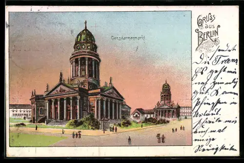 Lithographie Berlin, Gendarmenmarkt, Deutscher Dom, Französischer Dom