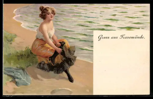 Lithographie Travemünde, Junge Frau am Strand