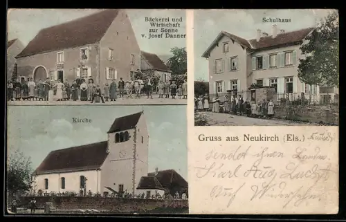AK Neukirch /Els., Bäckerei u. Gasthaus zur Sonne J. Danner, Schule, Kirche