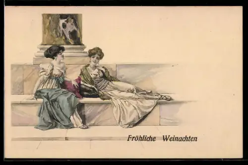 AK Zwei hübsche Frauen sitzten auf einer Steinbank, Jugendstil