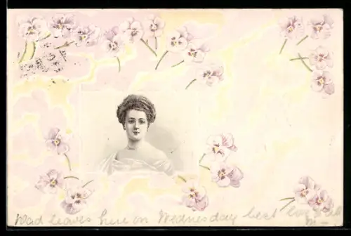 AK Junge Dame im Weissen Kleid, Blumen im Passepartout, Jugendstil