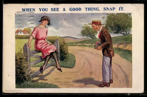 Künstler-AK Maurice: When you see a good thing, snap it, Mann fotografiert Frau auf einem Zaun