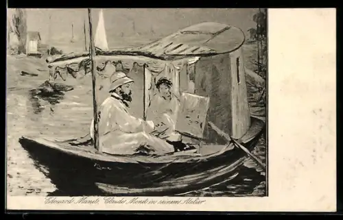 Künstler-AK sign. Edward Manet: Claude Monet in seinem Atelier auf dem Wasser