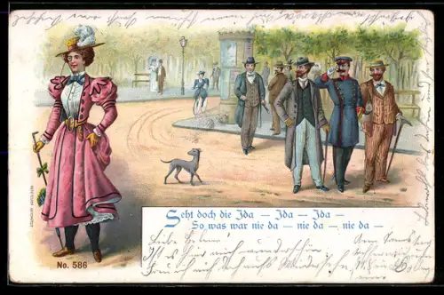 Lithographie Seht doch die Ida..., Herren bestaunen junge Dame mit Hut