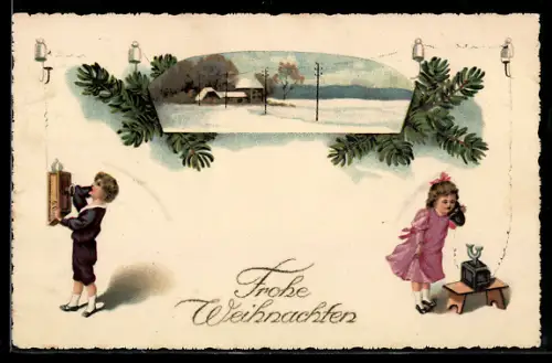 AK Zwei Kinder am Telefon, Winterlandschaft