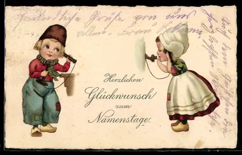 AK Zwei Kinder mit Telefonen