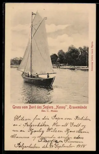 AK Travemünde, Uferpartie mit Segler Henny