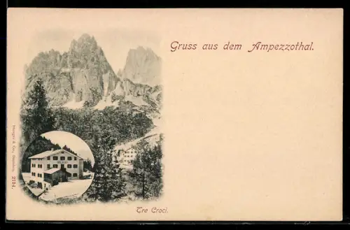 AK Ampezzo, Vista delle montagne Tre Croci e albergo nella valle ampezzana