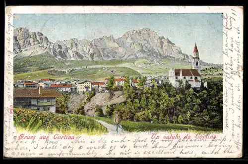 AK Cortina, Vista panoramica con montagne e chiesa