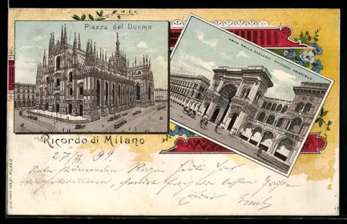 Lithographie Milano, Piazza del Duomo e Arco della Galleria Vittorio Emanuele