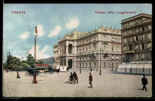 AK Trieste, Palazzo della Luogotenenza con carrozza e passanti