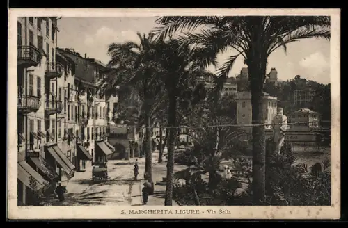 AK S. Margherita Ligure, Via Sella con palme e edifici storici