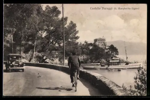 AK S. Margherita Ligure, Paraggi, Castello Paraggi con ciclista e auto lungo la strada costiera
