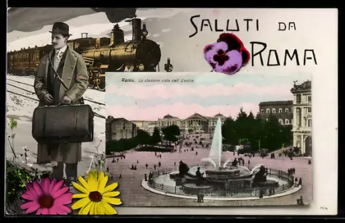 AK Roma, La stazione vista dall`Esedra con figura maschile e saluti floreali
