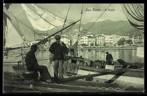 AK San Remo, Il Porto con marinai su una barca a vela