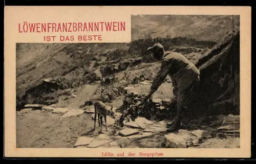 AK Löwenfranzbranntwein ist das Beste, Wanderer mit Reh im Gebirge