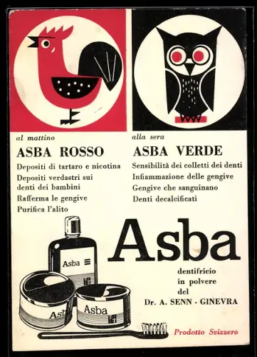 AK Asba dentifricio in polvere, Dr. A. Senn, Ginevra, Asba Rosso e Asba Verde