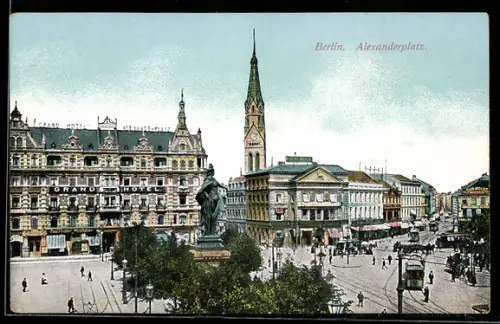 AK Berlin, Alexanderplatz mit Grand Hotel und Strassenbahn