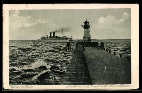 AK Sassnitz /Rügen, Leuchtturm mit Dampfschiff
