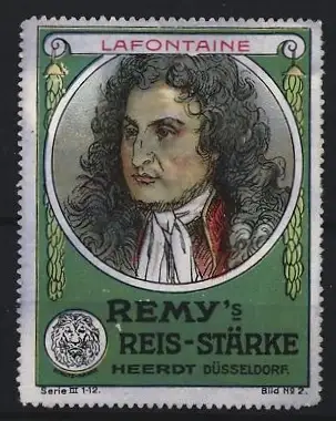 Reklamemarke Düsseldorf, Remy, Reis-Stärke, Porträt von Lafontaine