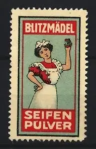 Reklamemarke Blitzmädel, Seifenpulver, Frau mit Seifenpackung