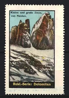 Reklamemarke Dolomiten, Kleine und grosse Zinne von Norden, Berglandschaft