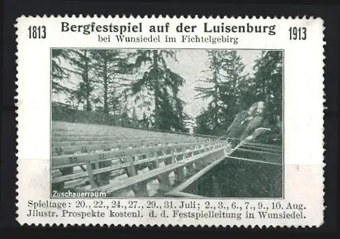 Reklamemarke Wunsiedel, Bergfestspiel auf der Luisenburg 1813-1913, Zuschauerraum im Fichtelgebirge