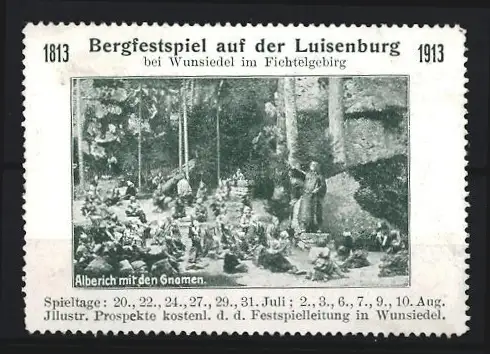 Reklamemarke Wunsiedel, Bergfestspiel Luisenburg 1813-1913, Alberich mit Gnomen